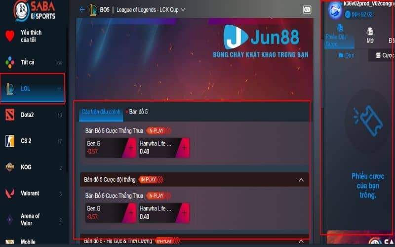 Giao diện để cá cược Liên Minh tại Jun88